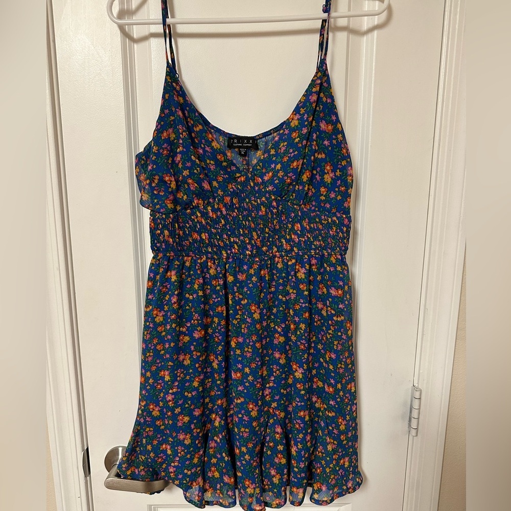 Trixxi Blue Floral Mini Dress with Pink & Orange Flowers